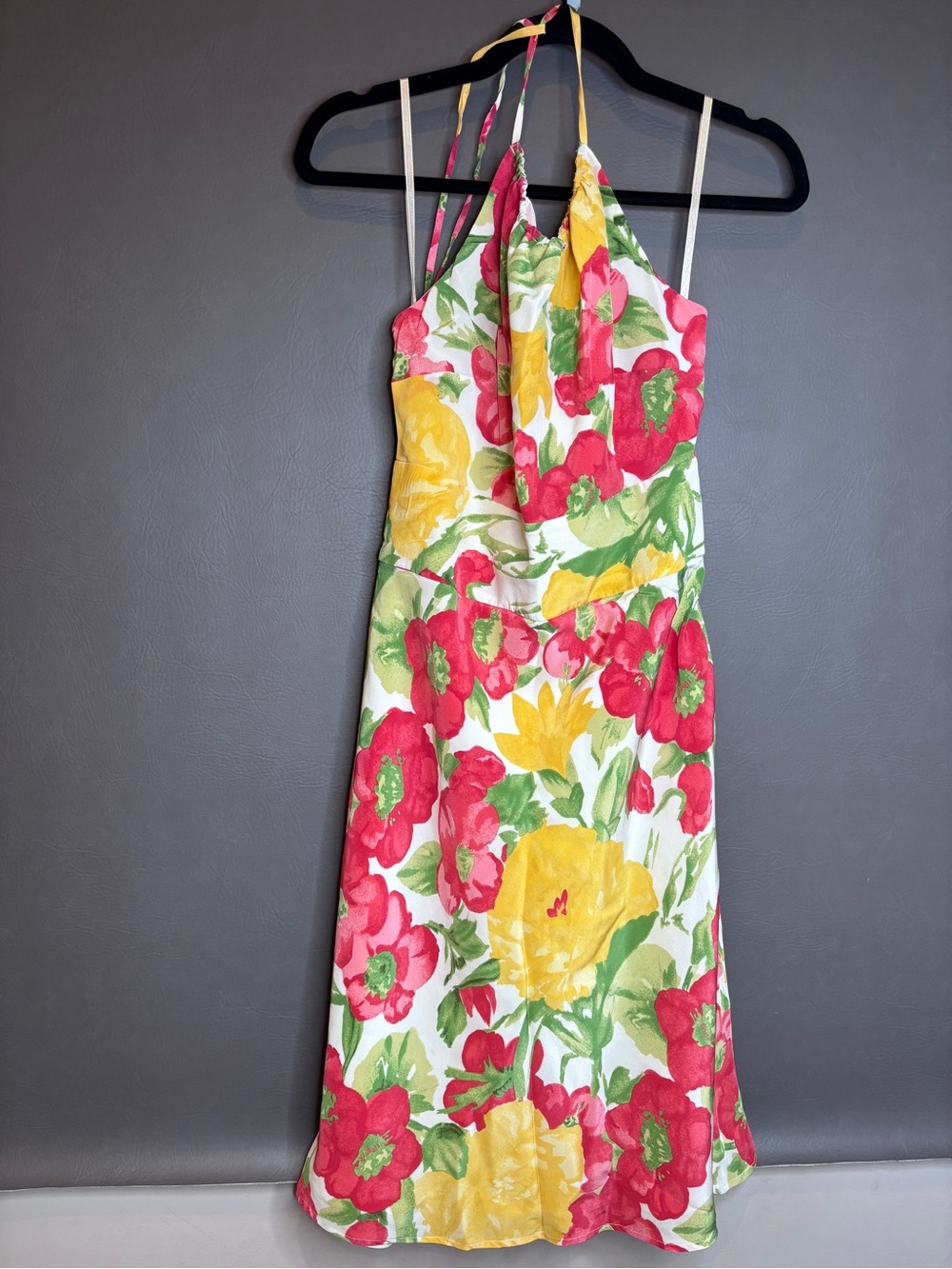 LOFT Halter Floral Midi Dress in Red, Yellow & Green on White